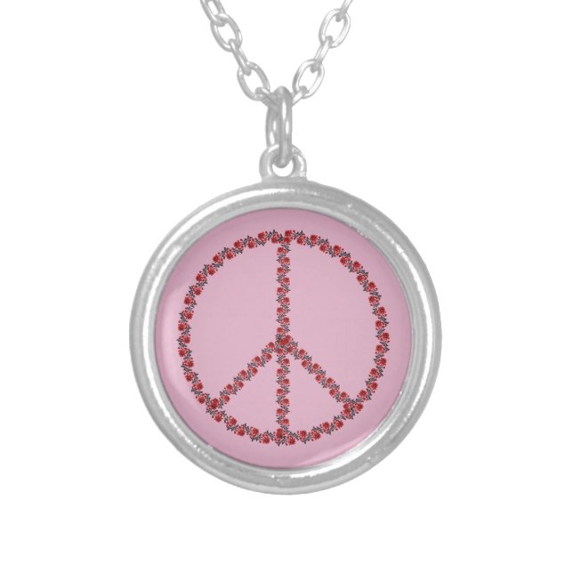 Roses Peace Sign Silver Plated Necklace (Front)