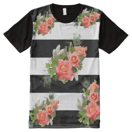 Roses Peacock Feathers Striped Floral Pattern All-Over-Print Shirt