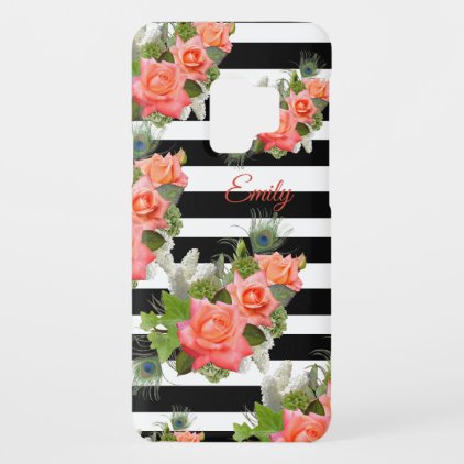 Roses Peacock Feathers Striped Pattern Add Name Case-Mate Samsung Galaxy S9 Case