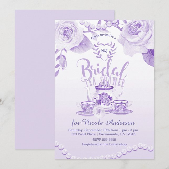 Roses & Pearls Elegant Purple Bridal Tea Shower Invitation (Front/Back)