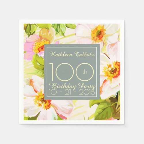 Roses Peonies 100th Birthday Party Paper Napkin