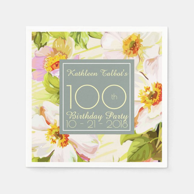 Roses Peonies 100th Birthday Party Paper Napkin (Front)