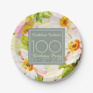 Roses Peonies 100th Birthday Party Paper Plate