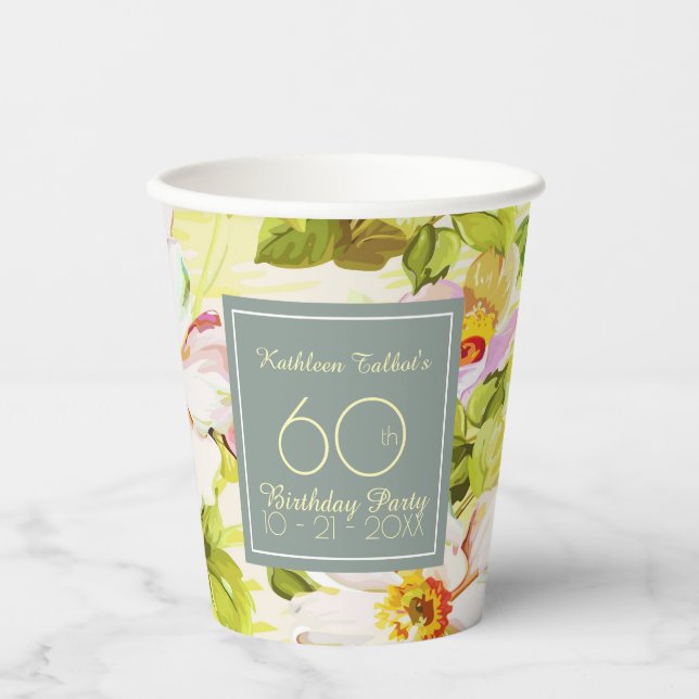 Roses Peonies 60th Birthday Party Paper Cup (Front)