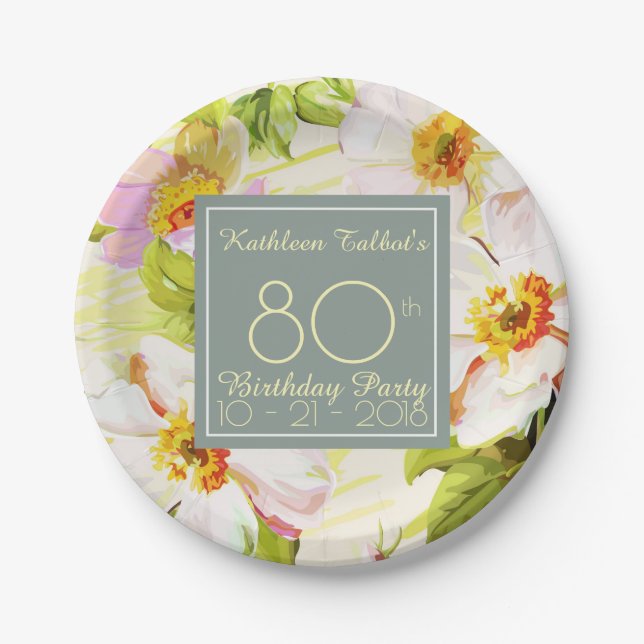 Roses Peonies 80th Birthday Party Paper Plate (Front)