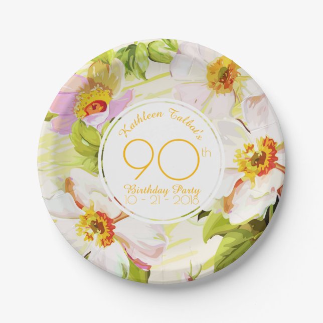 Roses Peonies 90th Birthday Party Paper Plate (Front)