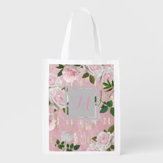 Roses Peonies On Blush Pink & Gold Damask Monogram