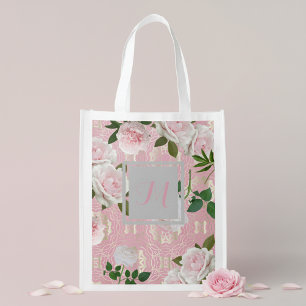 Roses Peonies On Blush Pink Gold Damask Monogram Grocery Bag