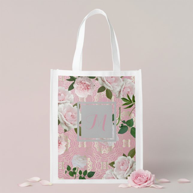 Roses Peonies On Blush Pink Gold Damask Monogram Grocery Bag (Creator Uploaded)