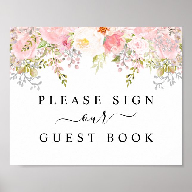 Roses Peony Blush Pink Wedding Guest Book Sign (Front)