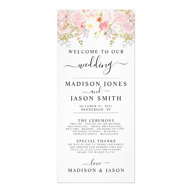 Roses Peony Blush Pink Wedding  Program (Front)