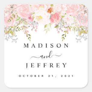 Roses Peony Blush Pink Wedding Square Sticker