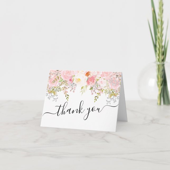 Roses Peony Blush Pink Wedding Thank you Card (Front)