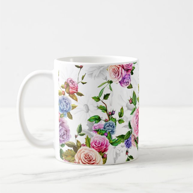 Roses, peony with leaves and chamomile with cornfl coffee mug (Left)