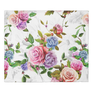 Roses, peony with leaves and chamomile with cornfl duvet cover
