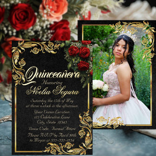 Roses, Photo & Gold Frame - Black Quinceanera  Foil Invitation