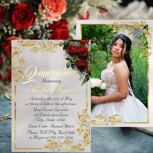 Roses, Photo & Gold Frame - Pearl Quinceanera  Foil Invitation