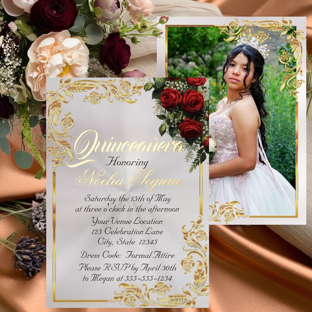 Roses, Photo & Gold Frame - Pearl Quinceanera  Foil Invitation (Creator Uploaded)