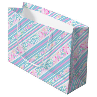 Roses, Pink Blue White Stripes Large Gift Bag