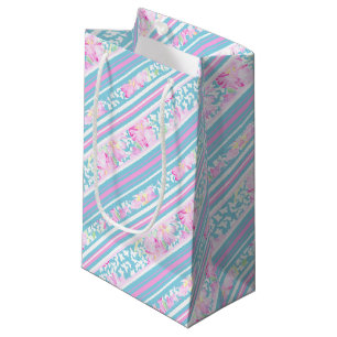 Roses, Pink Blue White Stripes Small Gift Bag