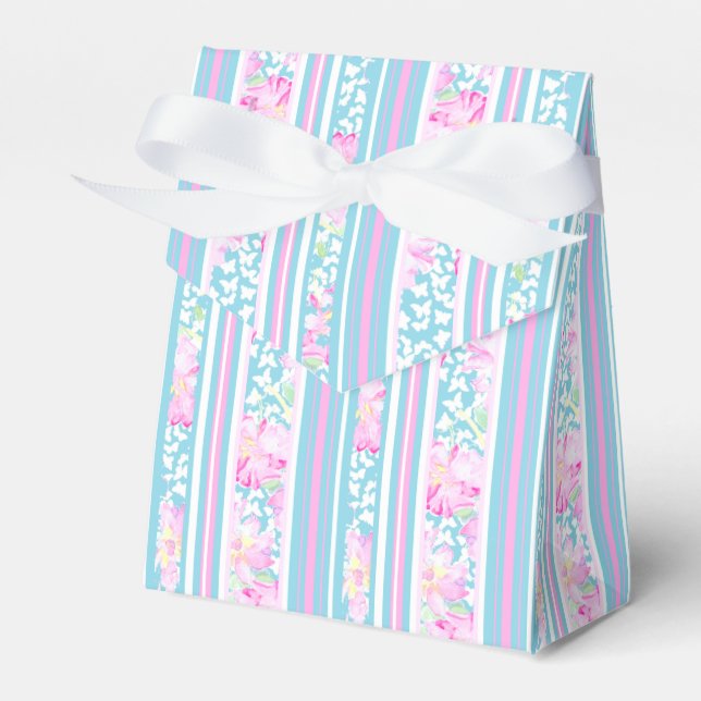 Roses, Pink Blue White Stripes Tent Favor Box (Front Side)