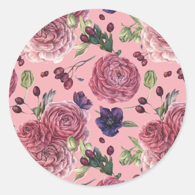 Roses Pink Dream Pattern Classic Round Sticker (Front)