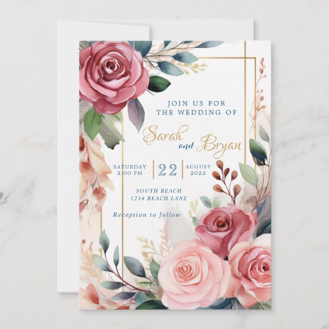 Roses Pink Floral Greenery Boho Wedding Invitation (Front)