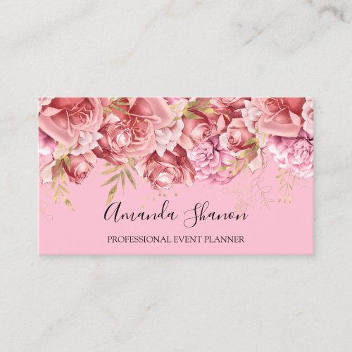 Roses Pink Flower Gold Event Planner QRCODE Business Card