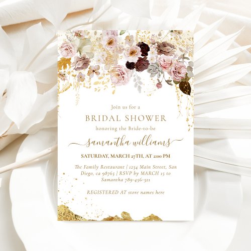 Roses Pink  Gold Floral Elegant Bridal Shower Invitation