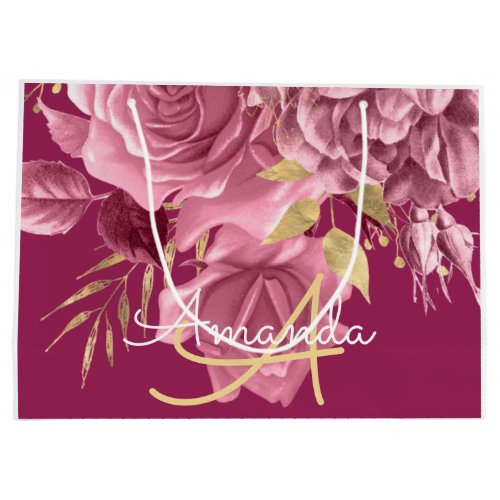 Roses Pink Monogram Name Bridal Wedding Favor Gold Large Gift Bag