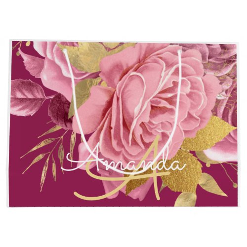 Roses Pink Monogram Name Bridal Wedding Favor  Large Gift Bag