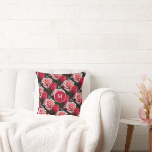 Roses Pink Red Floral Pattern Custom Monogram Throw Pillow