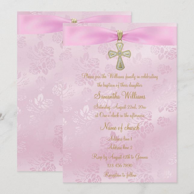 Roses, Pink Ribbon & Gold Cross Baptism Invitation (Front/Back)