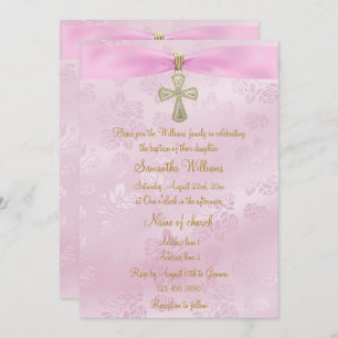 Roses, Pink Ribbon & Gold Cross Baptism Invitation