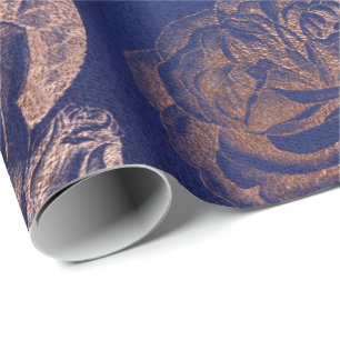 Roses Pink Rose Gold Metallic Floral Blue Marine Wrapping Paper