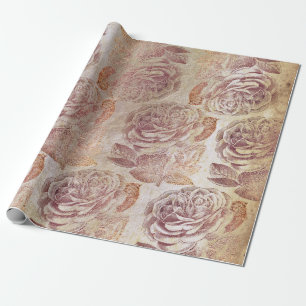 Roses Pink Rose Gold Metallic Floral Old Grungy Wrapping Paper