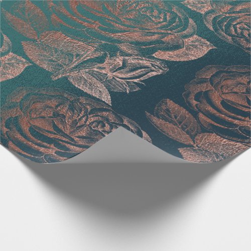 Roses Pink Rose Gold Metallic Floral Teal Green Wrapping Paper