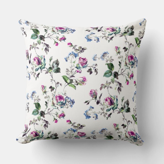 Roses - Pink Roses & Blue Flowers Over White Throw Pillow (Front)