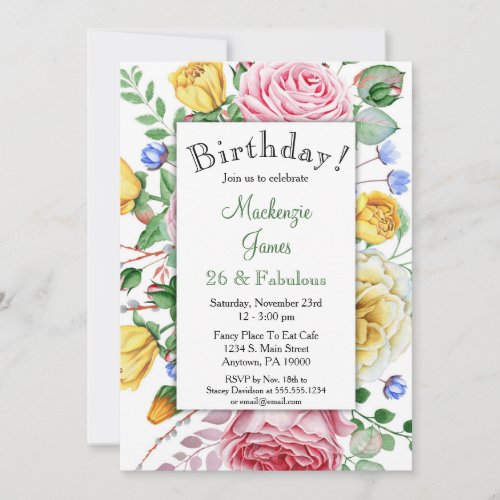 Roses Pink Yellow Floral Birthday Invitation