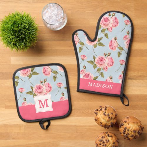 Roses  Polka Dots Pattern Oven Mitt  Pot Holder Set