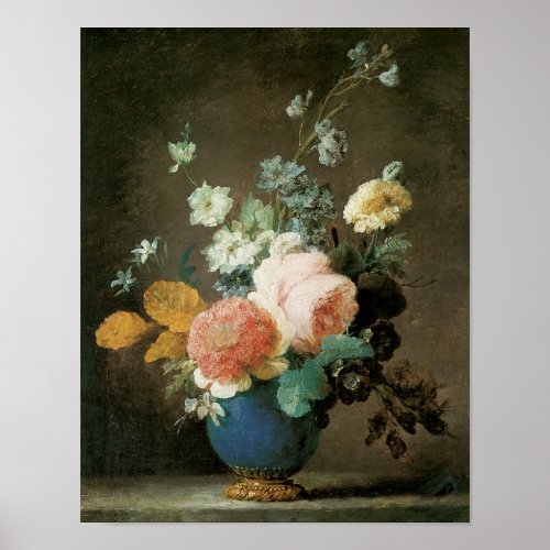 Roses Ranunculus and Other Flowers in a Blue Vase Poster