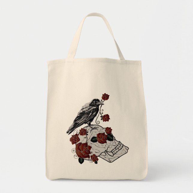 Roses, Ravens and Skull Tote Grocery Bag (Front)