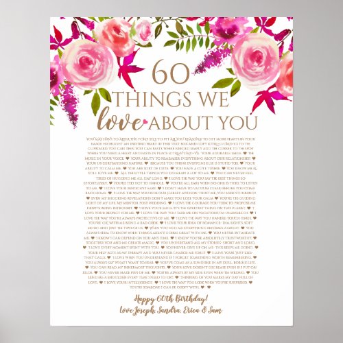 Roses reasons why we love you 60 things birthday poster