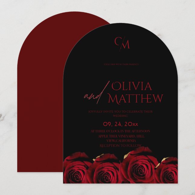 Roses Red Black Burgundy Wedding Invitation (Front/Back)