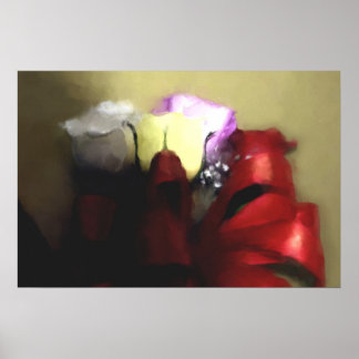 Roses & Red Bow Gift of Love Painting on CANVAS Poster
