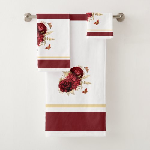 Roses Red Gold Floral Butterfly Bath Towel Set