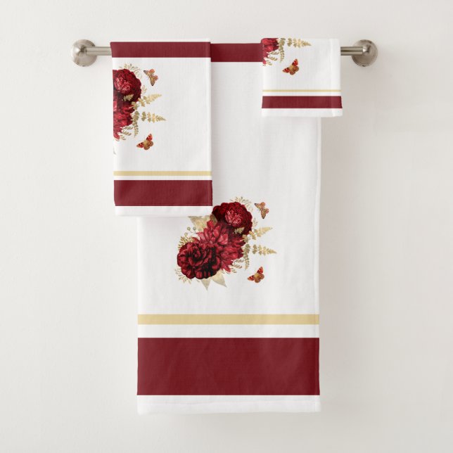Roses Red Gold Floral Butterfly Bath Towel Set (Insitu)