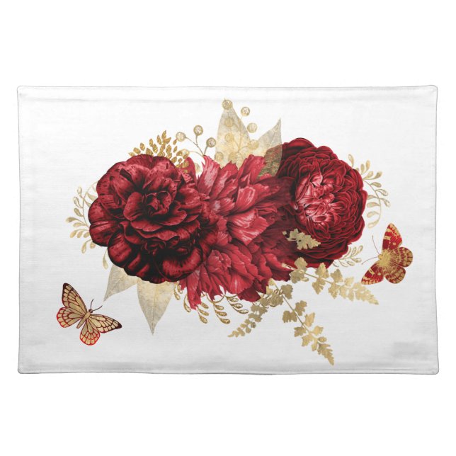 Roses Red Gold Floral Butterfly Cloth Placemat (Front)