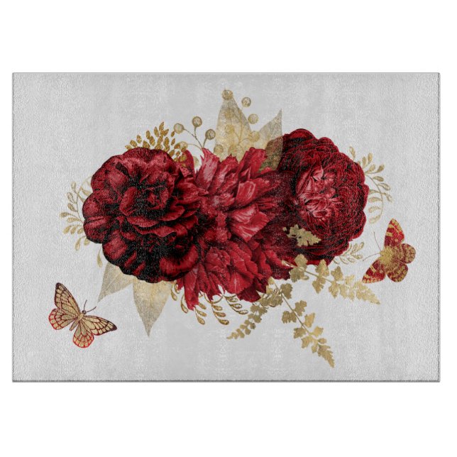 Roses Red Gold Floral Butterfly Cutting Board (Front)