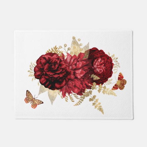 Roses Red Gold Floral Butterfly Doormat